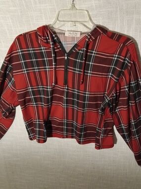 Red Plaid Cropped Hoodie Jacket